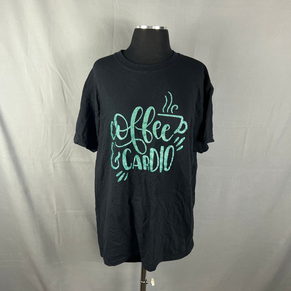 Gildan T Shirt Womens Large Black Coffee Cardio Graphic Heavy Cotton Crew Neck